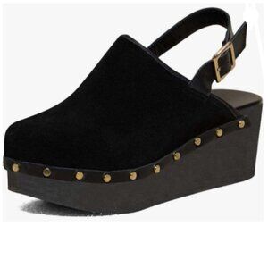 XYD Black Retro Rivets Closed Toe Slingback Buckle Wedge Heel Platform Sandals